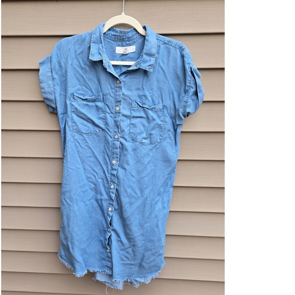 Thread & Supply Light Wash Lyocell Denim Shirt Dress Frayed Hem Medium